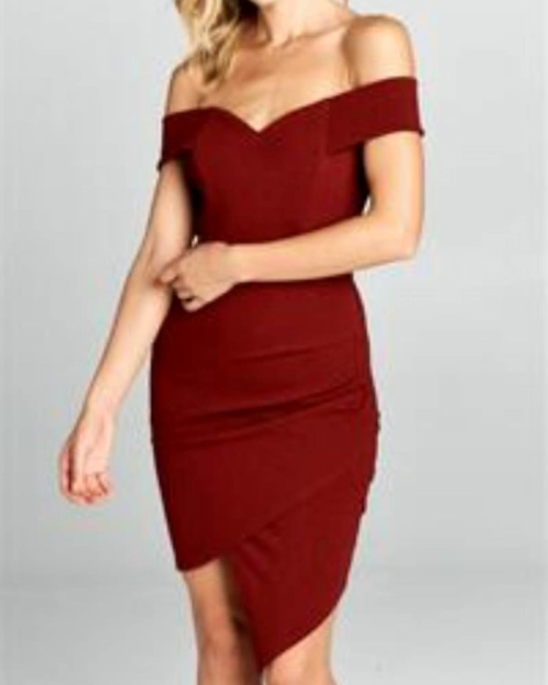Front of a model wearing a size L Asymettrical Off The Shoulder Mini Dress in Wine in Wine by Style Rack. | dia_product_style_image_id:346747